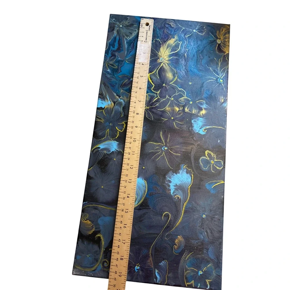 Abstract Floral Fluid Painting 10x20 Blue Gold Excellent Acrylic Pour Mixd media
